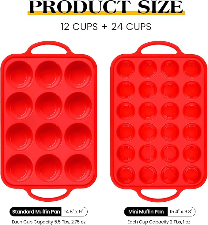 Regular 12 Cup and Mini 24 Cup Nonstick Cupcake Pan Set Silicone Muffin Pan for Baking Silicone Cupcake Mold with Metal Reinforced Frame BPA Free (2 Pcs, Red)