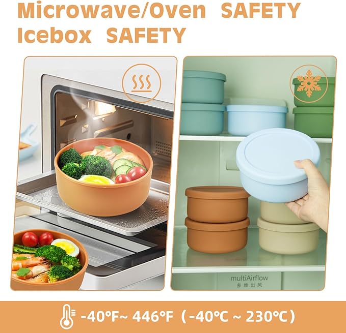 Silicone Food Storage Containers & Round Bowls with Lids - Meal Prep Containers for Kitchen Serving, Salad & Lunch - Airtight, Microwave/Fridge/Dishwasher Safe, BPA-Free, 24oz. (Grayish blue)
