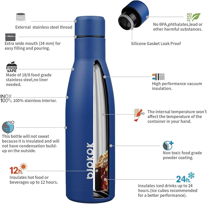 BJPKPK 17oz Insulated Water Bottles Stainless Steel Sports Water Bottles Keep Cold and Hot for Travel Dishwasher Safe,Blue