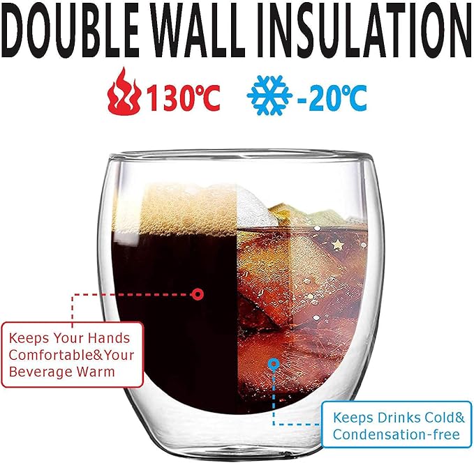 5.5oz Glass Coffee Mugs Set of 2, Double Walled Espresso Cups for Latte Cappuccino Cocoa Milk Cafe Juice, Clear Glass Tea Cup Set Glassware Gift for Christmas Birthday