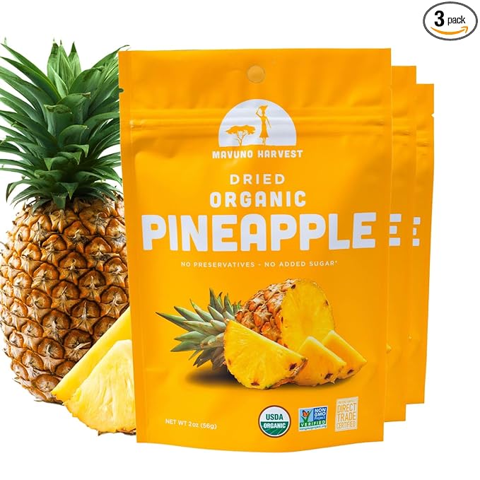Mavuno Harvest Pineapple Dried Fruit Snacks | Organic Dried Pineapple Chunks| Gluten Free Healthy Snacks for Kids and Adults | No Sugar Added, Vegan, Non GMO, Direct Trade | 2 Ounce, Pack of 3