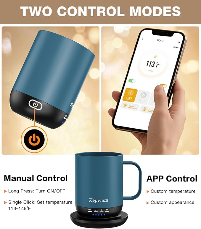 Self Heating Coffee Mug T1-16oz Fast Heating & Ultra Long-Lasting Battery Life, Heated Coffee Mug Up to 149℉ - Touch & App Controlled Coffee Mug, Birthday Gifts for Women and Men