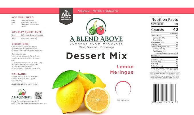 A Blend Above Lemon Meringue Pie Mix - No-Bake Desserts, All Natural, Vegan, Gluten Free, No MSG - Instant Dessert Mix, Fruit Dip, Bagel Topping, Frosting, Cheesecake Filling - Makes 16 Oz (Pack of 3)