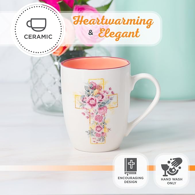 Christian Art Gifts Encouraging Ceramic Coffee & Tea Mug for Women: Rosy Pink Floral Cross, Microwave & Dishwasher Safe Cup, Cute Lead-free Inspirational Encouraging Novelty Drinkware, White, 12 oz.