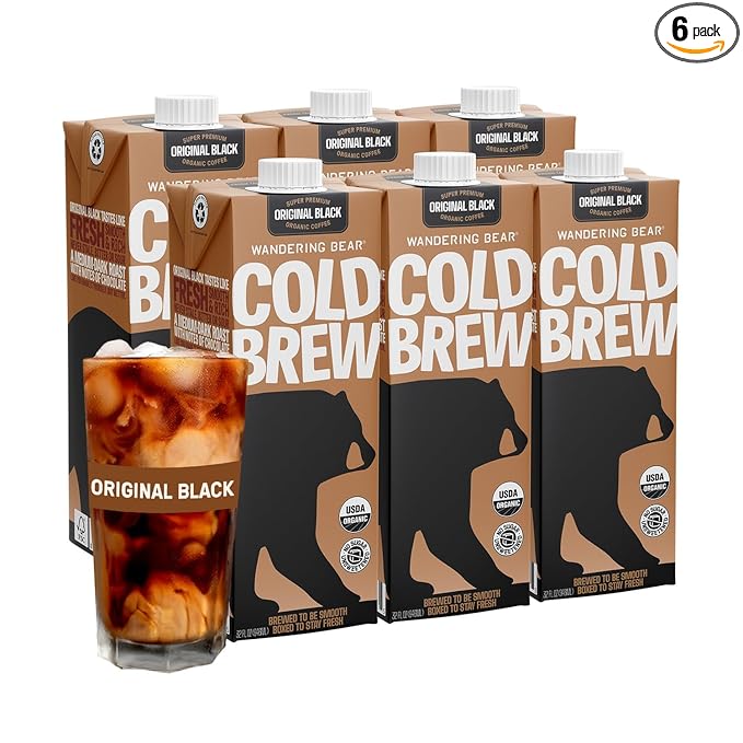 Wandering Bear Straight Black Organic Cold Brew Coffee, 32 fl oz, 6 pack - Extra Strong, Bold, Smooth, Unsweetened, Shelf-Stable, Ready to Drink, 100% Organic, Iced Cold Brewed Coffee Drinks