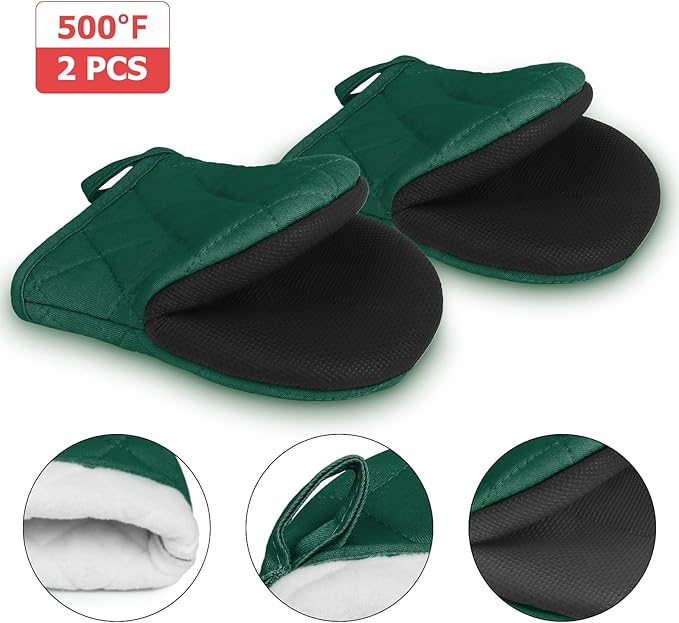 1 Pair Short Oven Mitts, Heat Resistant Silicone Kitchen Mini Oven Mitts for 500 Degrees, Non-Slip Grip Surfaces and Hanging Loop Gloves, Baking Grilling Barbecue Microwave Machine Washable