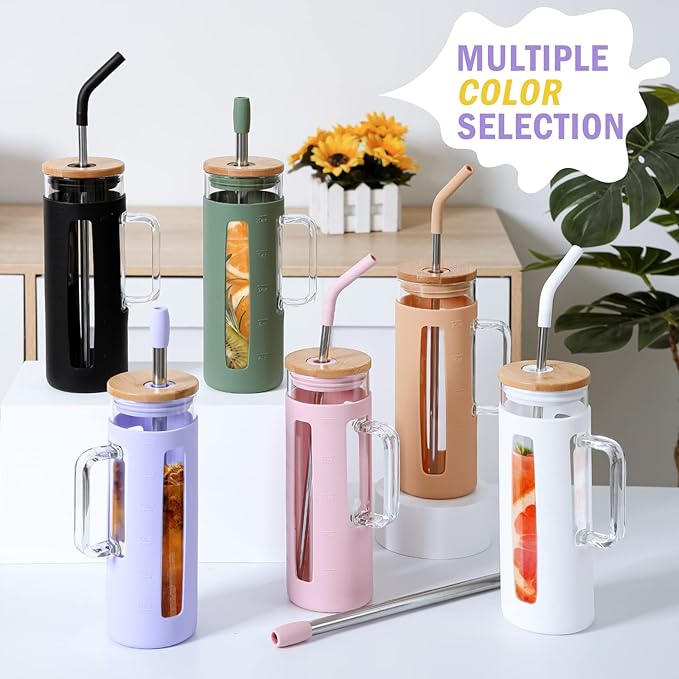 Kodrine Tumbler with Lid and Straw, 20 oz Glass Coffee Tumbler with Handle, Smoothie Cup with Bamboo Lid | Time Marker | Silicone Protective Sleeve, BPA Free - Purple