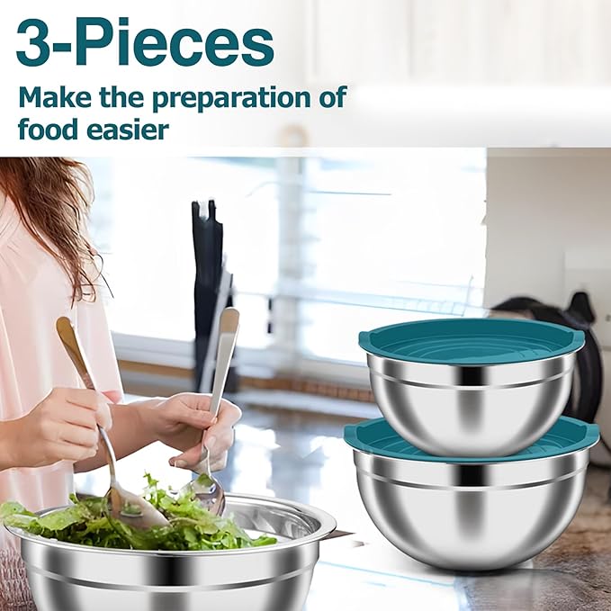 TeamFar Mixing Bowls, Stainless Steel Nesting Salad Bowls with Airtight Lids Set, For Serving/Mixing/Storing, Healthy & Heavy-duty, Dishwasher Safe & Easy Clean, 4.6/3 / 1.5 QT, Navy Blue