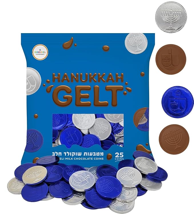 The Dreidel Company Blue & Silver Hanukkah Milk Chocolate Coins, Hanukkah Design Gelt, Gluten Free, Non GMO, Kosher Certified OU-D (25-Pack)