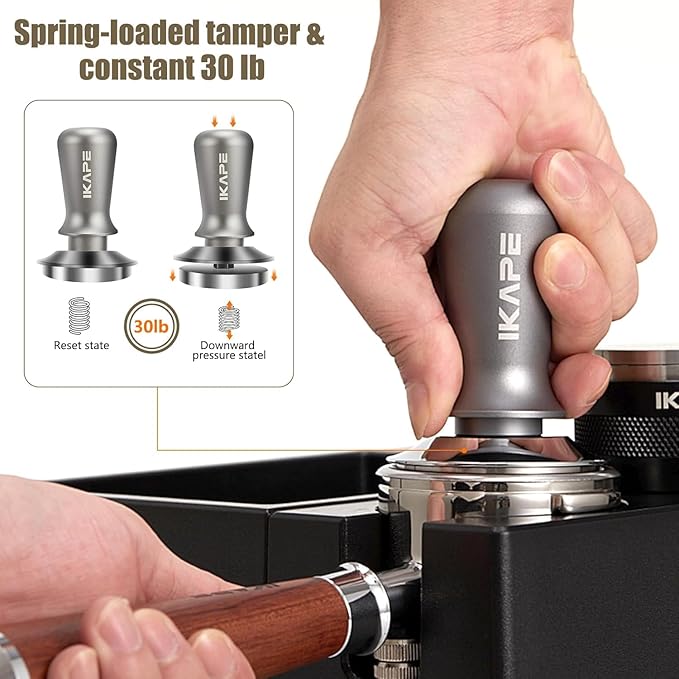 IKAPE 45mm Espresso Tamper, Premium Barista Coffee Tamper with Calibrated Spring Loaded, 100% Flat Stainless Steel Base Tamper for Espresso Machine