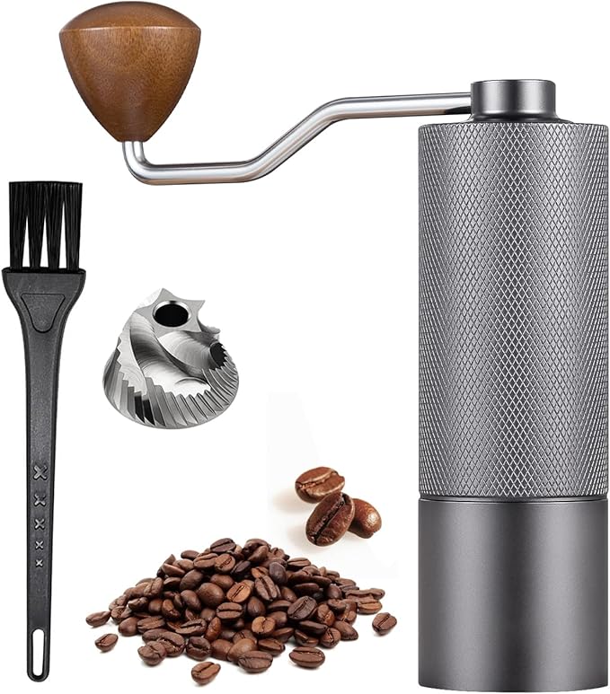 Manual Coffee Grinder Capacity 25 Grams, Stainless Steel Burrs - Wooden Handle, Burr Coffee Grinder for Home, Office, Camping, Hiking (Grey)