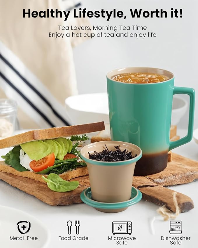 15 OZ Porcelain Tea Infuser Cup with Lid,Ceramic Tea Mug with All-Porcelain Strainers for Loose Leaf Teas,Microwave and Dishwasher Safe Coffee Mug,Metal-Free,BPA-Free,Gifts for Tea-Lover (Green)