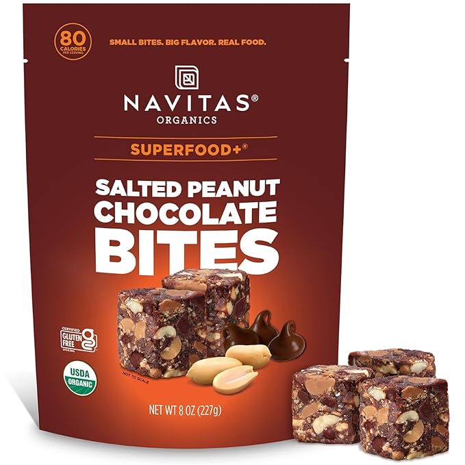 Navitas Organics Salted Peanut Chocolate Superfood+ BITES – Power Snacks – All Natural Plant Based – Clean Energy & Nutrition – USDA Organic, Non GMO, Gluten Free, Kosher, Vegan (8oz. Bag 11 Servings)