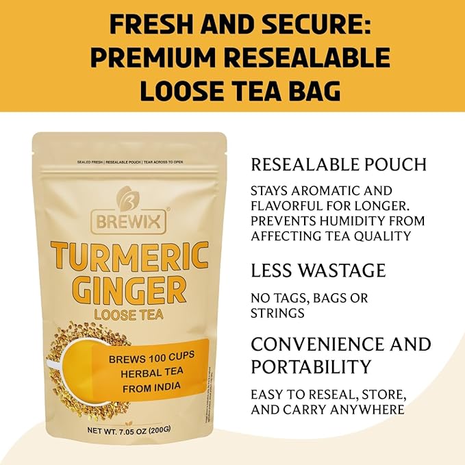 BREWIX, Turmeric Ginger Loose Herbal Tea (100+ Cups, 7.05oz/200g) Caffeine & Gluten Free | Ginger Root Tea | Savory & Spicy