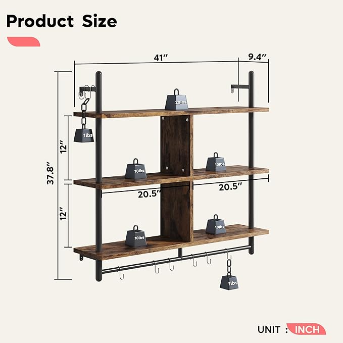 Bestier Floating Pipe Shelving Kitchen Shelves Wall Mounted 3 Tier 41.5" Ladder Coffee Bar Shelf Hanging with Circular Tube, Display Bookshelf Storage for Living Room Kitchen, Rustic Brown
