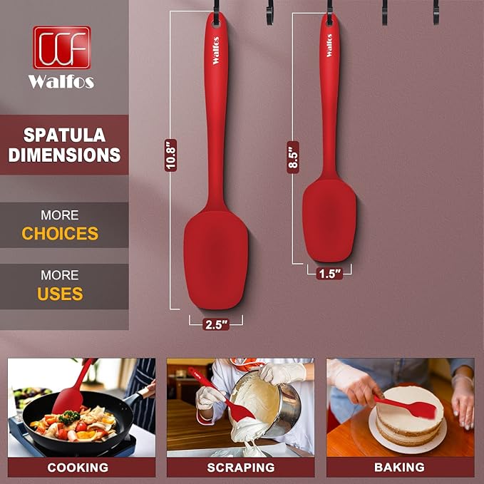 Walfos Silicone Spatula - 600°F High Heat Resistant Kitchen Spoon Spatulas, Strong Steel Core & One-Pieces Seamless Design, Perfect for Cooking Mixing & Baking - BPA Free & Dishwasher Safe 2 Set, Red