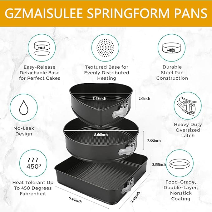 Springform Cake Pan Set of 3 (7, 8, 9 Inch) Heart Round Square Leakproof Nonstick Cheesecake Pans with Removable Bottom Carbon Steel Bakeware