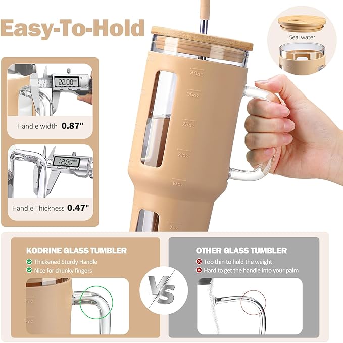 Kodrine 40 oz Glass Tumbler with Handle, Iced Coffee Tumbler with Straw and Bamboo Lid, Glass Drinking Cup with Silicone Sleeve Time Marker, Water Bottle Dishwasher Safe, Cup Holder Friendly, Amber