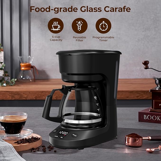5-Cup Drip Coffee Maker with 24h Programmable Timer, Compact Coffee Machine with Food-grade Glass Carafe, 2h Keep Warm with Auto Shut-off, Delay Brew, 25oz Water Tank, Ideal for Home/Office