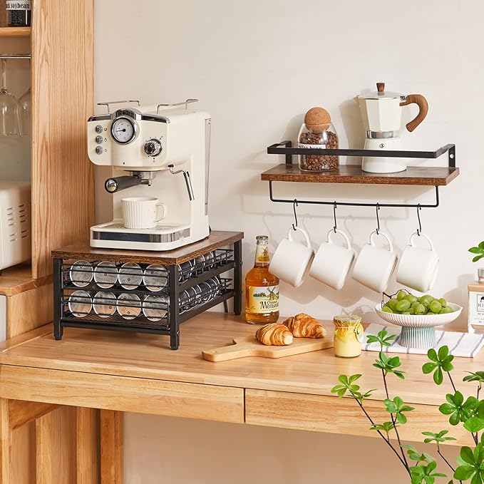IBUYKE 2-Tie Coffee Pod Drawer Holder,80 Capsule Pods,Compatible for Nespresso Vertuo Pods,Wooden Top and Mesh Shelves,Home Kitchen Counter Coffee Bar Organizer, Rustic Brown,TCJ102H