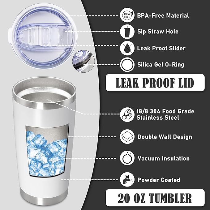 20 oz Tumbler Coffee Tavel Tumblers Bulk with Lid Stainless Steel Double Wall Vacuum Insulated Mug Powder Coated Cups fit Car Cupholder for Hot and Cold - White, 12Pack