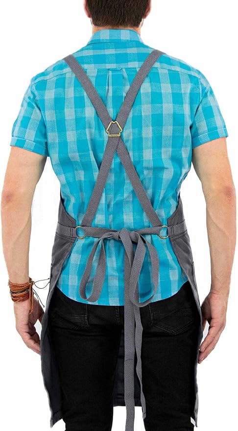Under NY Sky Cross-Back Slate Gray Apron - Durable Denim with Leather Reinforcement and Split-Leg - Adjustable for Men and Women - Pro Chef, Tattoo, Baker, Barista, Bartender, Stylist, Server Aprons