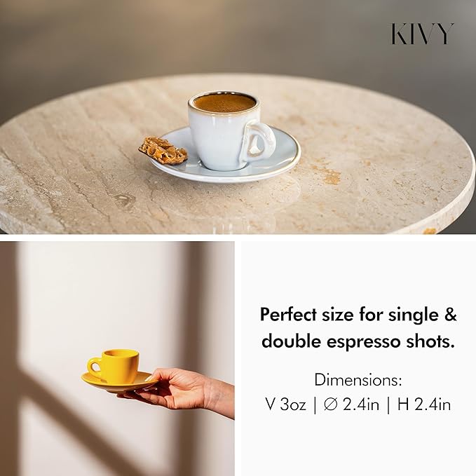 KIVY Espresso Cups Set of 4 [Set 4x 3oz]- Espresso Set Thick Walled Stoneware Espresso Cup Set - Italian Style Espresso Cups and Saucers - Espresso Mugs - Demitasse Cups and Saucers Sets - Yellow