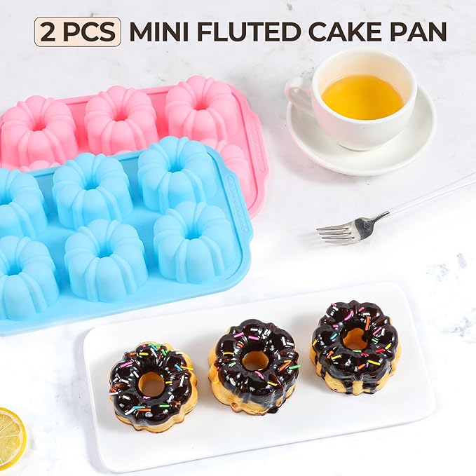 Mini Bundt Cake Pans for Baking, 2Pcs Silicone 6-Cavity Fluted Tube Cake Pan with Metal Reinforced Frame, Nonstick Baking Molds for Cupcake, Brownie, Donuts, Cornbread, Jello