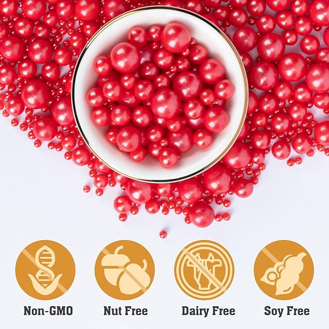 Twisweet Red Pearl Sprinkles for Cake Decorating, Edible Sugar Pearls for Baking, Mix Size, Cake Topper Cupcake Cookie Ice Cream Dessert Decorations, Valentines Birthday Christmas Supplies (130g/4.58oz)