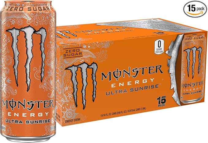 Monster Energy Ultra Sunrise, Sugar Free Energy Drink, 16 Fl Oz (Pack of 15)