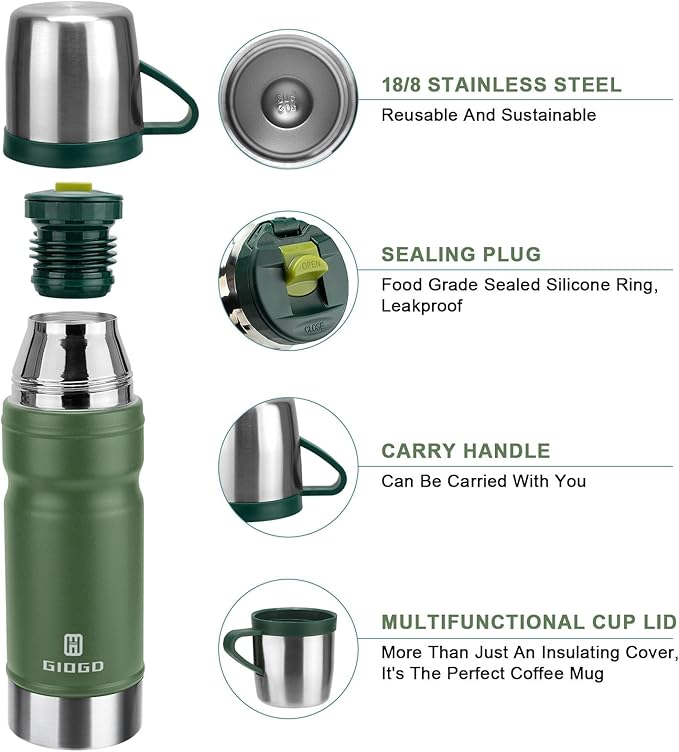 Vacuum Insulated Water Bottle Thermo Water Flask with Cup 680ml/23oz Stainless Steel Thermal Water Bottles Thermo for Hot and Cold Drinks Coffee Water(Green,Set)