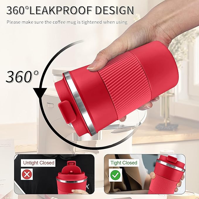 YINBAOGE Insulated Travel Coffee Mug Spill Proof Leak Proof Pobtable To Go Camping Stainless Steel Coffee Tumbler Reusable Coffee Cups with Lids Thermos for Hot and Cold Drink (Red, 12 OZ)