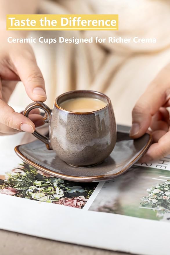 LYEOBOH 3oz Coffee Espresso Cups with Saucers Set of 6, Ceramic Small Coffee Cups with Holder and Spoons, Cute Demitasse Cups for Espresso, Latte, Mocha, Housewarming Gift - Farmhouse, Brown