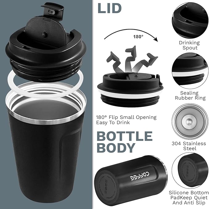 YINBAOGE Insulated Travel Coffee Mug Spill Proof Leak Proof Pobtable To Go Camping Stainless Steel Coffee Tumbler Reusable Coffee Cups with Lids Thermos for Hot and Cold Drink (2nd-Black, 12 OZ)
