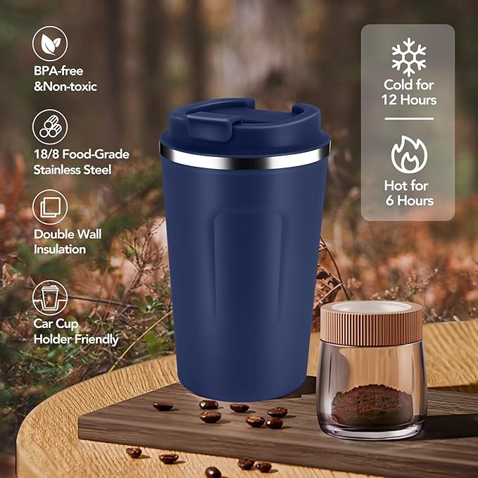 Volhoply 12 oz Double Wall Insulated Vacuum Travel Coffee Mug with Flip Lid Bulk 4 Pack,Reusable Stainless Steel Leak Proof Coffee Cups,Portable Cafe Thermal Tumbler for Hot & Cold Drinks(Navy,4 Set)