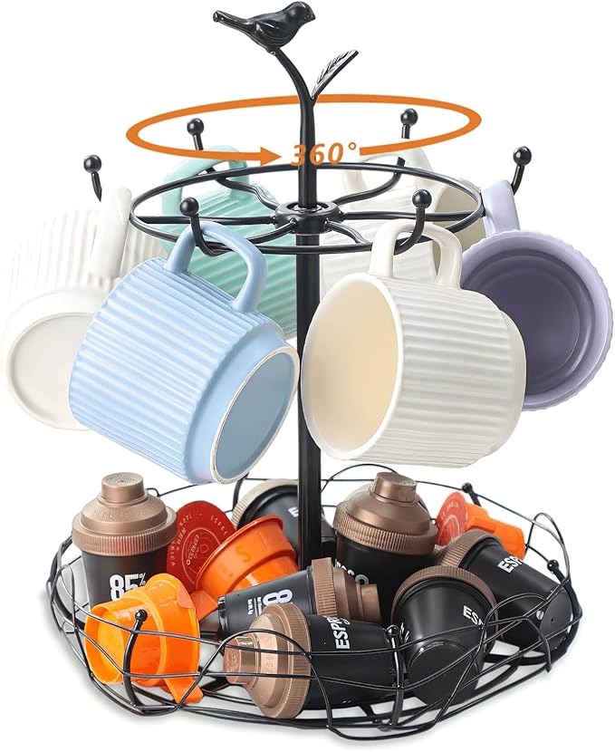Rotating Mug Tree for Countertop | Decorative Bird & Nest Mug Holder with Storage Basket | Holds 6 Mugs & Pods | 360° Spinning Coffee Cup Rack for Kitchen, Coffee Bar Accessories & Home Décor
