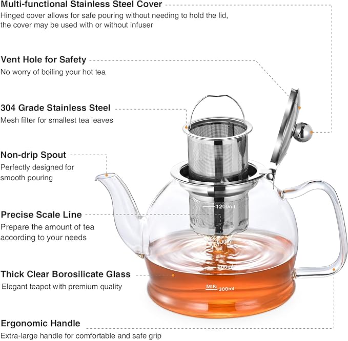 STNTUS Glass Teapot, 40 oz. / 1200 ml for Loose Tea, With Infuser and Stainless Steel Strainer, Stovetop Safe, 4-6 Cups