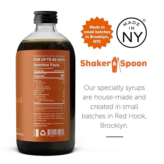 Shaker & Spoon Gingerbread Cocktail Syrup, 16 oz Cinnamon, Ginger & Demerara Sugar Flavored Syrups for Drinks, Coffee Syrup, Vegan Cocktail Mixers, Gingerbread Latte, Teas, Mocktails, Non Alcoholic Drinks