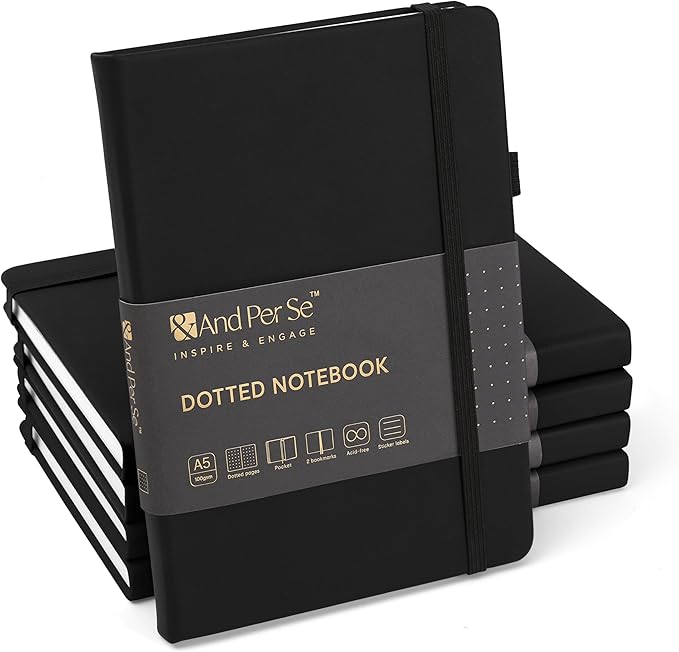 &And Per Se Dotted Journal Notebook (5 Packs), A5 Hardcover Leather Dotted Journal, 160 Pages 100 gsm Thick Paper, 3 Sheets of Stickers Included- 5.7'' x 8'' (Black