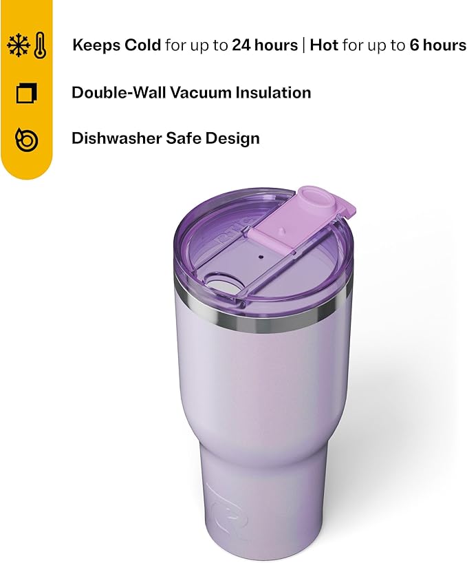 RTIC 40oz Essential Tumbler with Lid, Insulated, Stainless Steel, Metal, Double Wall Vacuum-Insulation, Ceramic Lined, Travel Cup for Iced Coffee, Tea, Hot and Cold Drink, Lavender Glitter