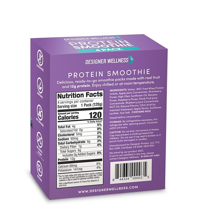 Designer Wellness Protein Smoothie, Real Fruit, 12g Protein, Low Carb, Zero Added Sugar, Gluten-Free, Non-GMO, No Artificial Colors or Flavors, Mixed Berry, 24 Count