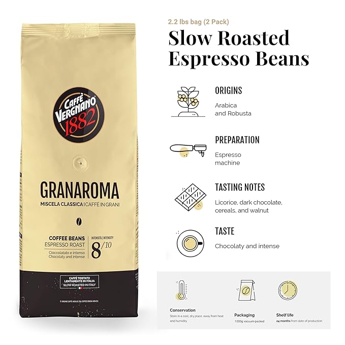 Caffe Vergnano 1882 Gran Aroma Whole Bean Arabica Medium Espresso Roast Coffee, 2.2lbs Bag - Italian Coffee Beans with Rich notes of Cocoa, Spices & Dried Fruit, Intensity 8/10-1000g Bag (2 Pk)