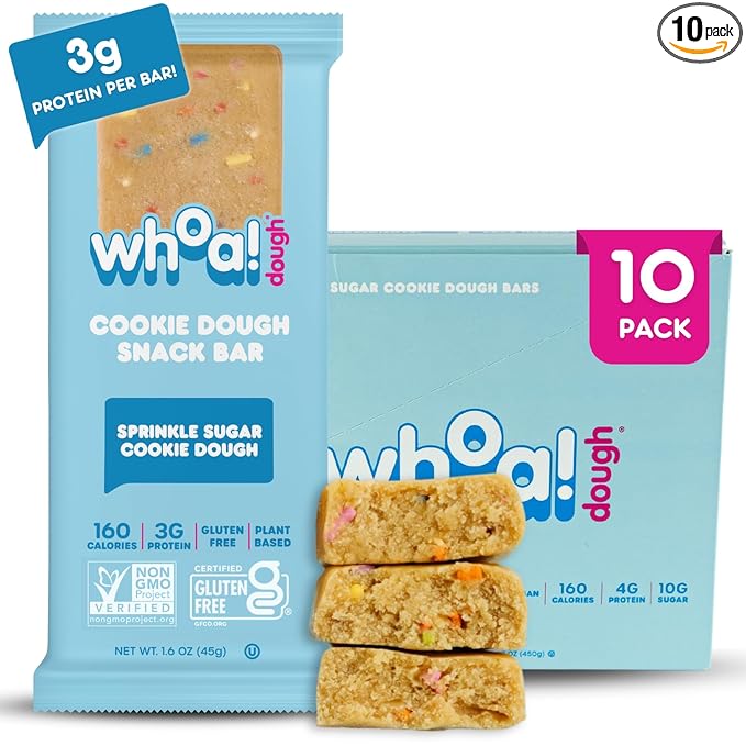 Whoa Dough Edible Cookie Dough Bars- Certified Non-GMO, Kosher and Gluten Free Bars - Healthy Snack Foods - Plant Based Snacks Made With Real Ingredients - Sprinkle Sugar Cookie Dough - 10 Pack