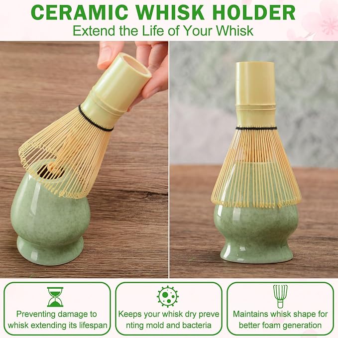 MONOJOY Matcha Whisk Set Ceramic Bowl Kit with Spout, Bamboo Chasen and Holder, Scoop Rest,Sifter Tea Towel Ceremonial Cute Matcha Tea Making Tool,Gift Perfect for Latte Lovers | Beginners,7pcs