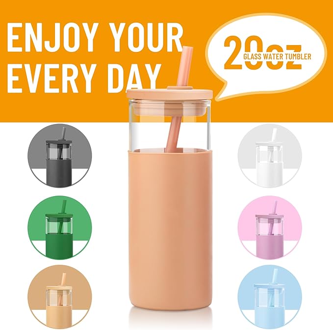 Tronco 20 oz Glass Tumbler With Lids and Straws, Reusable Smoothie Cups With Silicone Lid, Iced Coffee Cup With Silicone Protective Sleeve, Dishwasher Safe- BPA Free（Black 1 Count）