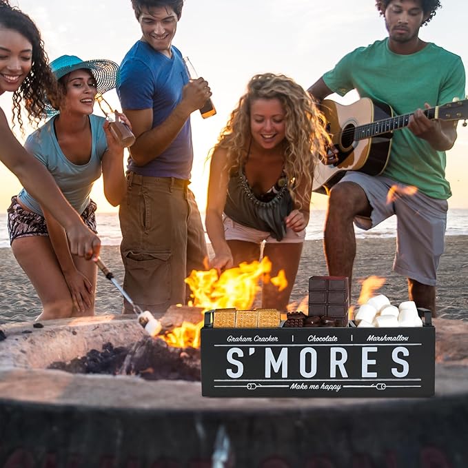 S'Mores Station, Farmhouse Smores Caddy with Handles, Smores Kit for Fire Pit Smores Maker Box, Smores Bar Station with 5Pcs Extendable Marshmallow Roasting Sticks, Camping Essentials Gear Accessories