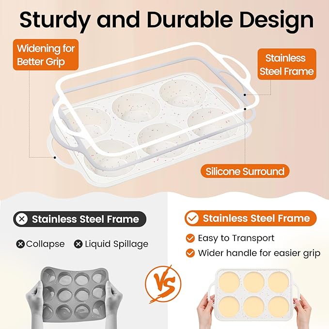 Silicone Muffin Pan with Metal Reinforced Frame - Mini Muffin Pan for Homemade Muffins, Cupcakes, and Bread, Oven and Dishwasher Safe - Set of 2, 6-Cup and 24-Cup