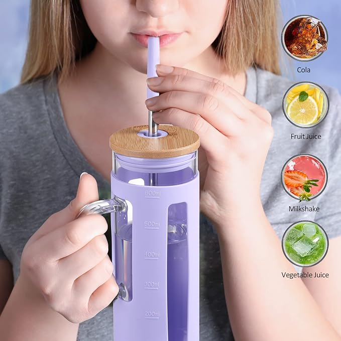 Kodrine Tumbler with Lid and Straw, 20 oz Glass Coffee Tumbler with Handle, Smoothie Cup with Bamboo Lid | Time Marker | Silicone Protective Sleeve, BPA Free - Purple