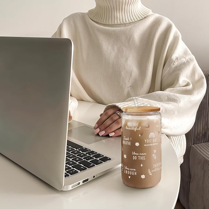 SANDJEST Inspiration Glass Can, Positive Motivational Cup with Lid & Straw, Iced Coffee Aesthetic Cups, Gift for Christmas Birthday Mother Day, Gifts for Women, 16oz