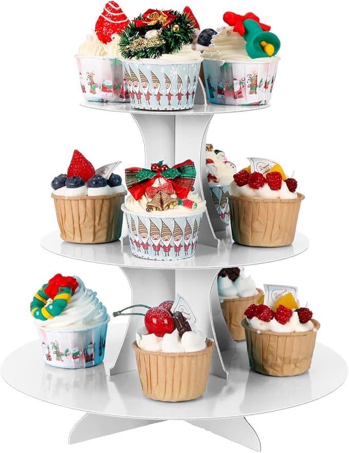 3-Tier Cupcake Stand, Cake Stand holder, Tiered DIY Cupcake Stand Tower for Dessert Table Displays, Birthday Theme Party Favors Decoration, Floral Tea Party, 12" W x 12.8" H, White